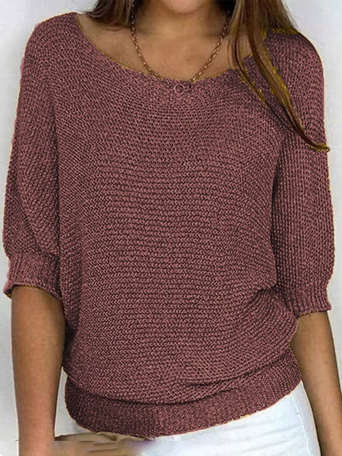 Three-quarter Sleeve Pullover Sweater Fashion Solid Color Loose Round Neck Knitted Top For Women Clothing NorixaFashion.com