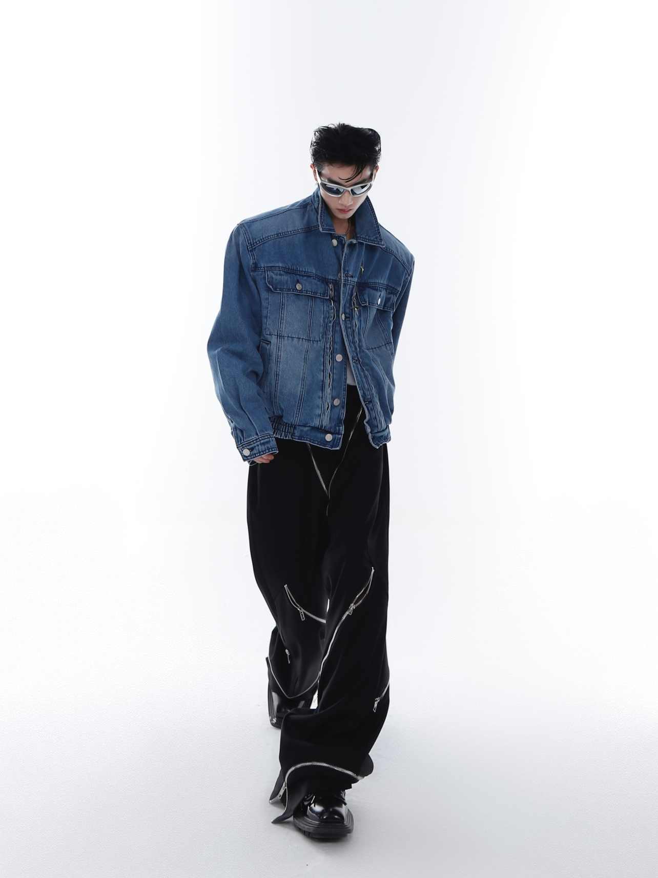 Heavy Washed Padded Shoulder Denim Coat Metal Zipper Jacket LadyShow.Store