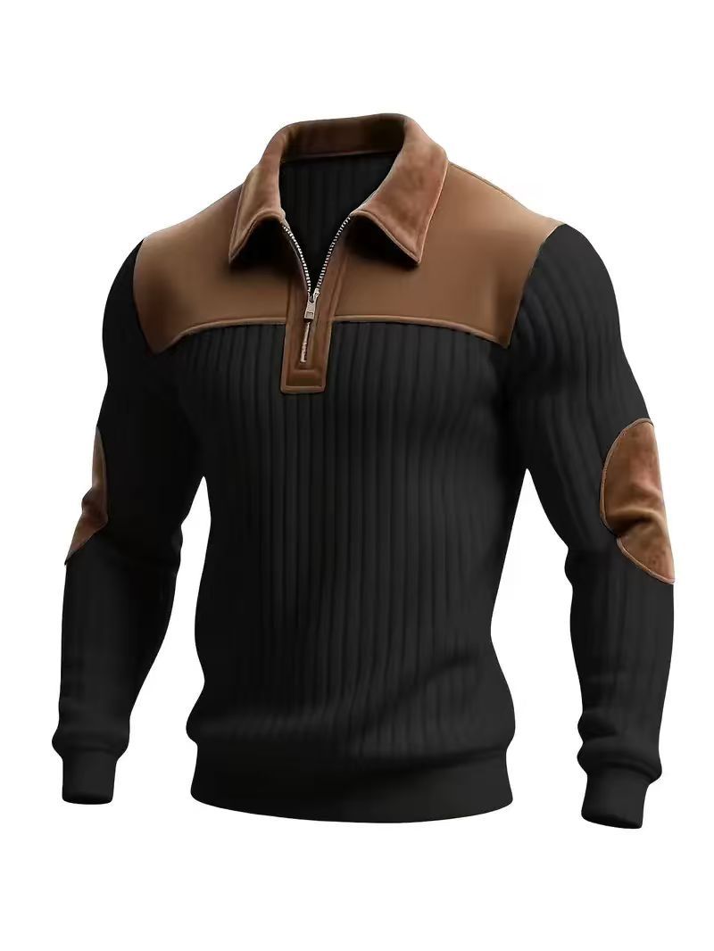 Notched-collar Patchwork Knit Top With Embroidered Zipper Hoodie CJD