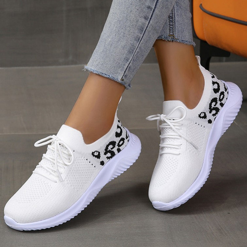 White Shoes Women Leopard Print Lace-up Sneakers Sports CJD