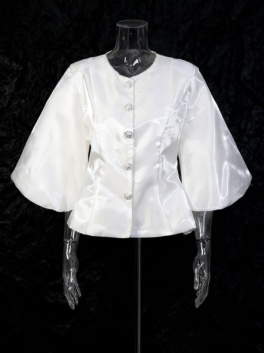 Round Neck Solid Color Single-breasted Lantern Sleeve Shirt NorixaFashion.com