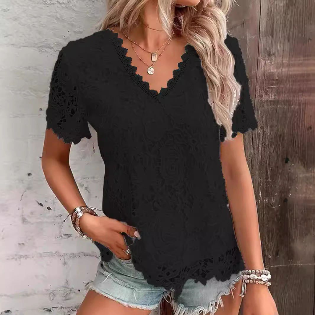 2026 New European And American Women's Fashion Versatile Top Sexy Lace Short Sleeved T-shirt NorixaFashion.com
