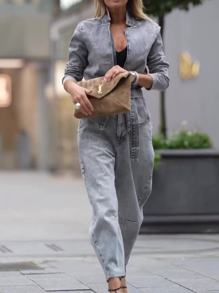 Denim Tie Long Sleeve Top & High Waist Pants Set NorixaFashion.com