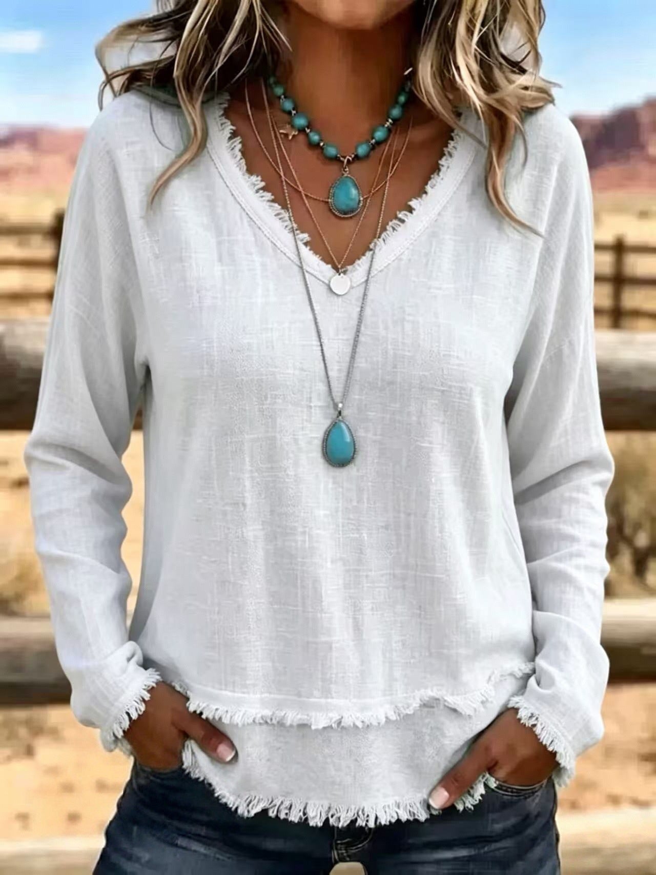 V-Neck Long Sleeve T-Shirt With Tassel Women's Loose Fit Casual Top For Daily Wear Clothing NorixaFashion.com