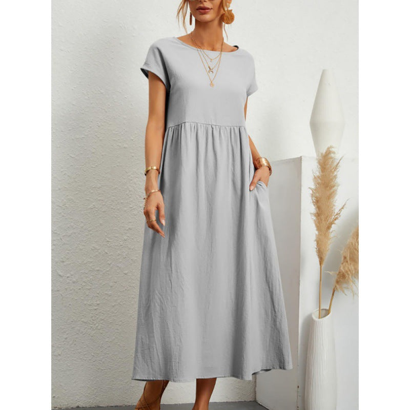 2026 New European And American Women's Round Neck Solid Color Pullover Comfortable Casual Dress NorixaFashion.com