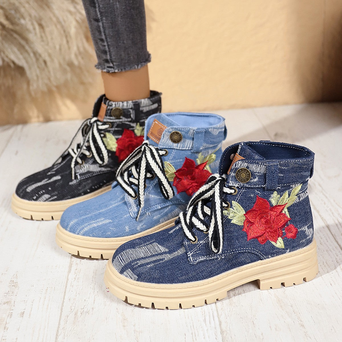 Lace-up Canvas Boots Fashion Rose Embroidered Shoes Round Toe Thick Heel Short Boot Women LadyShow.Store