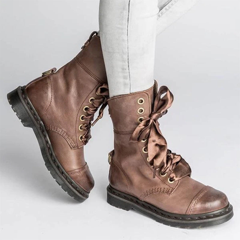British-style Lace-up Round-toe Flat Ankle Boots For Women LadyShow.Store