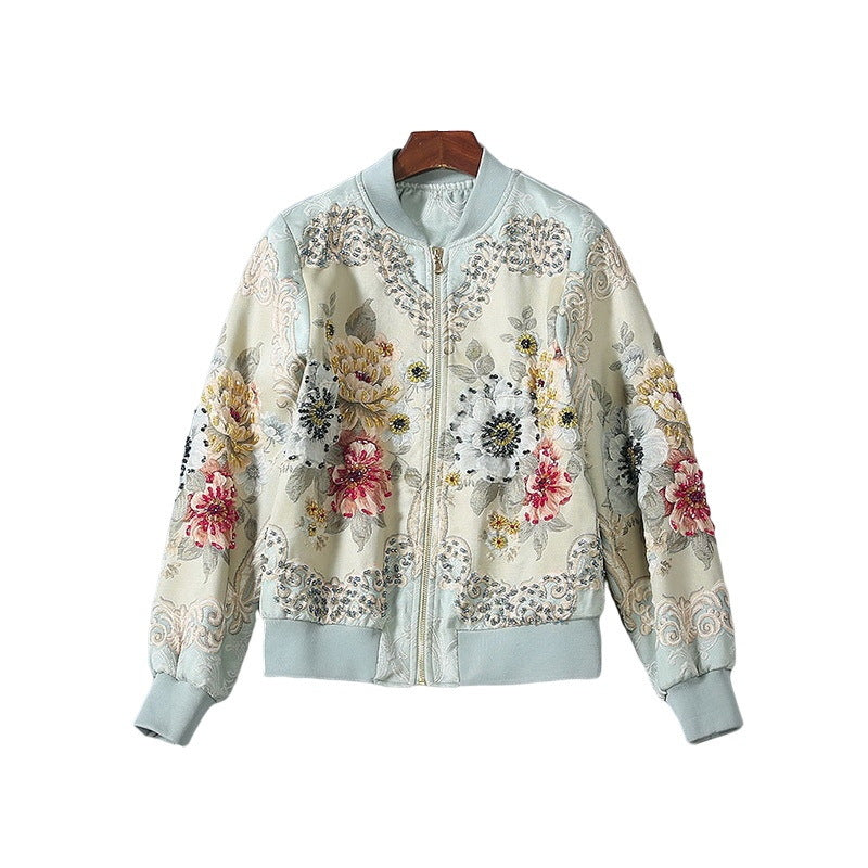 Women's Embossed Peony Crystal Beaded Baseball Uniform Long-sleeved Jacket Best YouTube Store