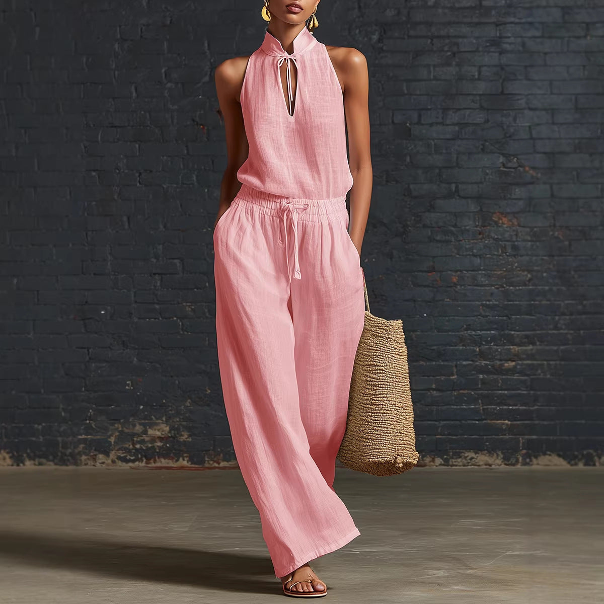 Urban-style Cotton And Linen Top And Wide-leg Pants Set NorixaFashion.com