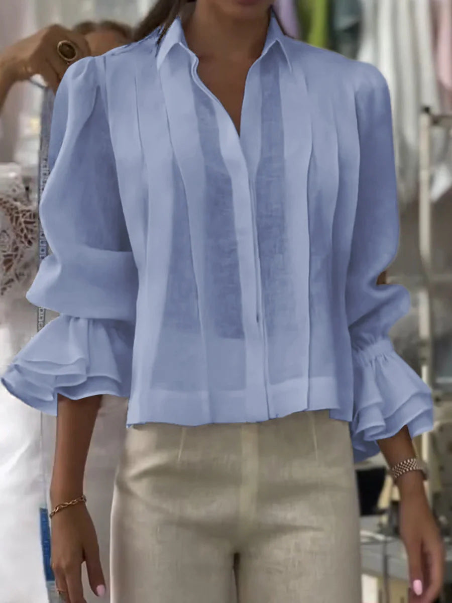 Pleated Solid Color Stitching Short Sleeve Shirt NorixaFashion.com