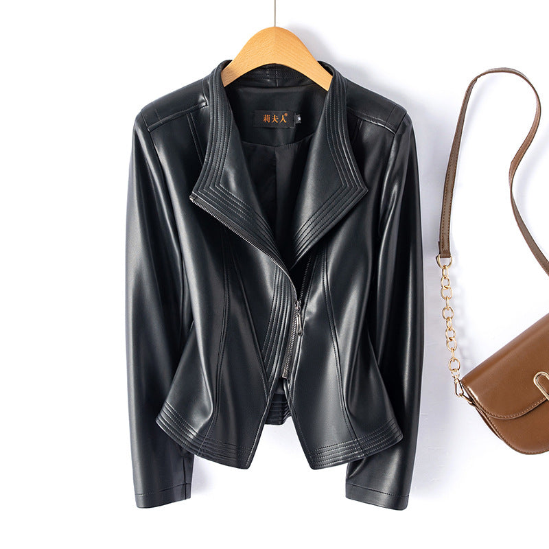 Women's Short Slim Fit Slimming Motorcycle Plus Size Leather Jacket LadyShow.Store
