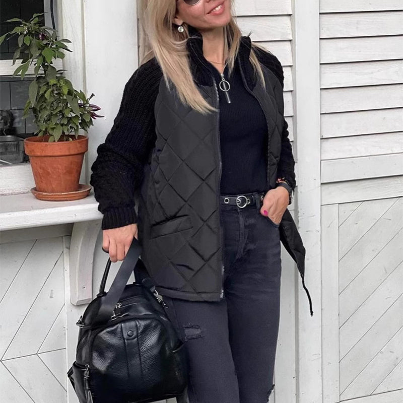 Winter Stand Collar Cotton Jacket With Pockets Fashion Knitted Stitching Zipper Coat Warm Tops For Women Clothing LadyShow.Store