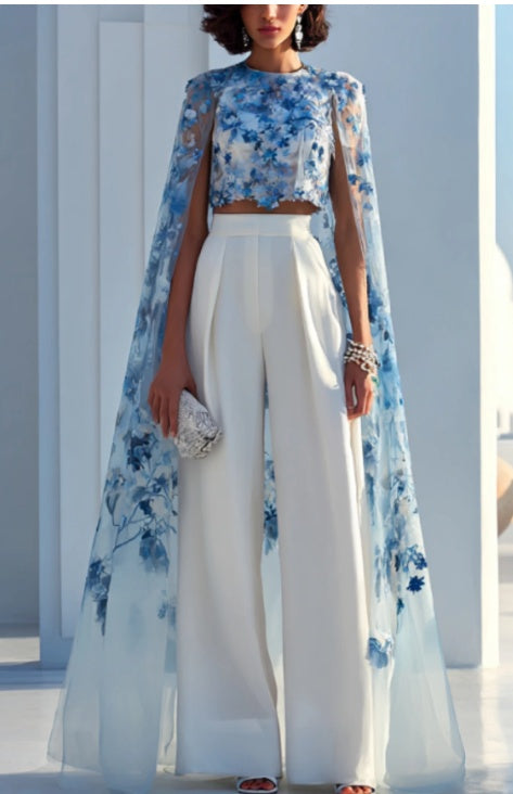 Floral Print Cape-Back Crop Top-One-Piece Elegant Sheer Overlay Blouse NorixaFashion.com