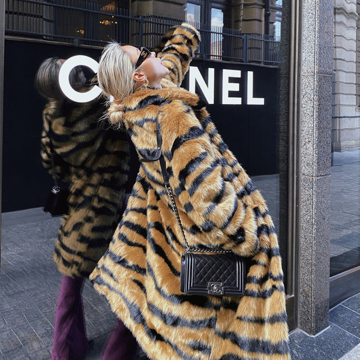 Faux Fur Coat With Tiger Pattern Fur And Long Artificial Hair LadyShow.Store
