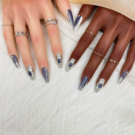 GGDDSHA 10pcs Press On Nails Long Coffin Fake NailsFashion Rhinestone Design Art Charms For WomenHandmade Nail Art Manicure Gradient,Mercury Veil Tri Light Beauty