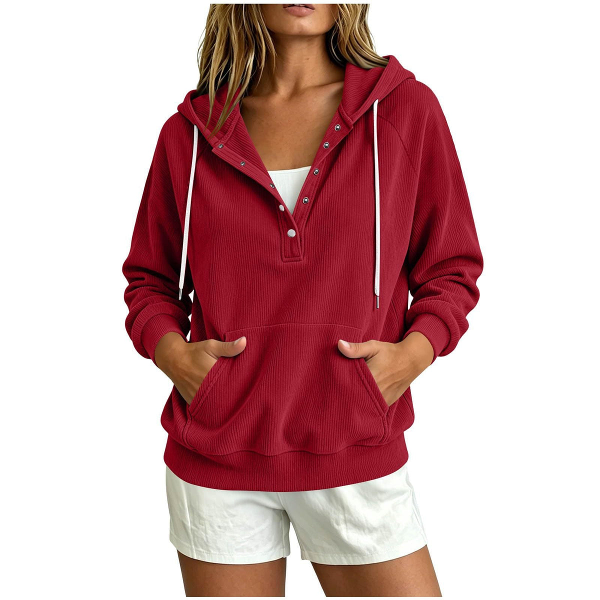 2026 Autumn New Style European Women's Dressy Corduroy Hooded Sweatshirt With Half-Closed Button And Drawstring Loose Top For Women NorixaFashion.com