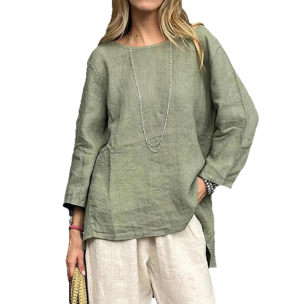 Vintage Cotton-Linen Crew-Neck Long-Sleeve Fashion Blouse For Women LadyShow.Store