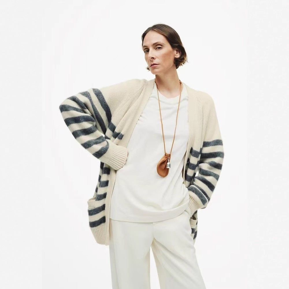 Womens Striped Wool Color-Block Knitted Cardigan Coat Best YouTube Store