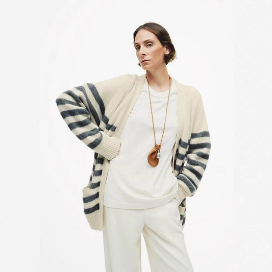 Womens Striped Wool Color-Block Knitted Cardigan Coat Best YouTube Store