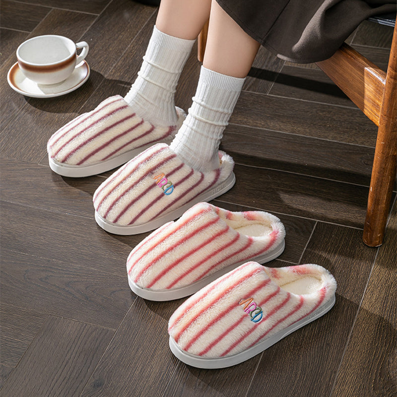 Ins Plush Striped Slippers Winter Warm Letter Embroidered Shoes Fashion Floor Bedroom Home Slipper For Women Men Couples CJD