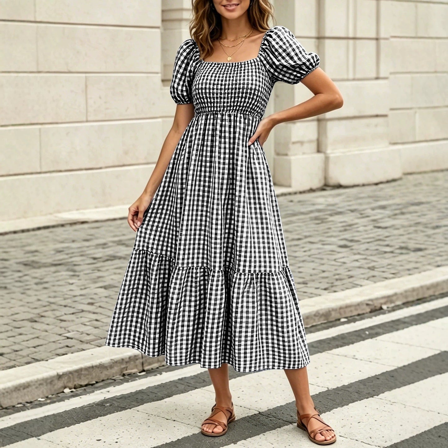 Women's Literary Retro Style Puff Sleeve Dress  Vichy Check Square Neck High Waist Tiered Dress NorixaFashion.com