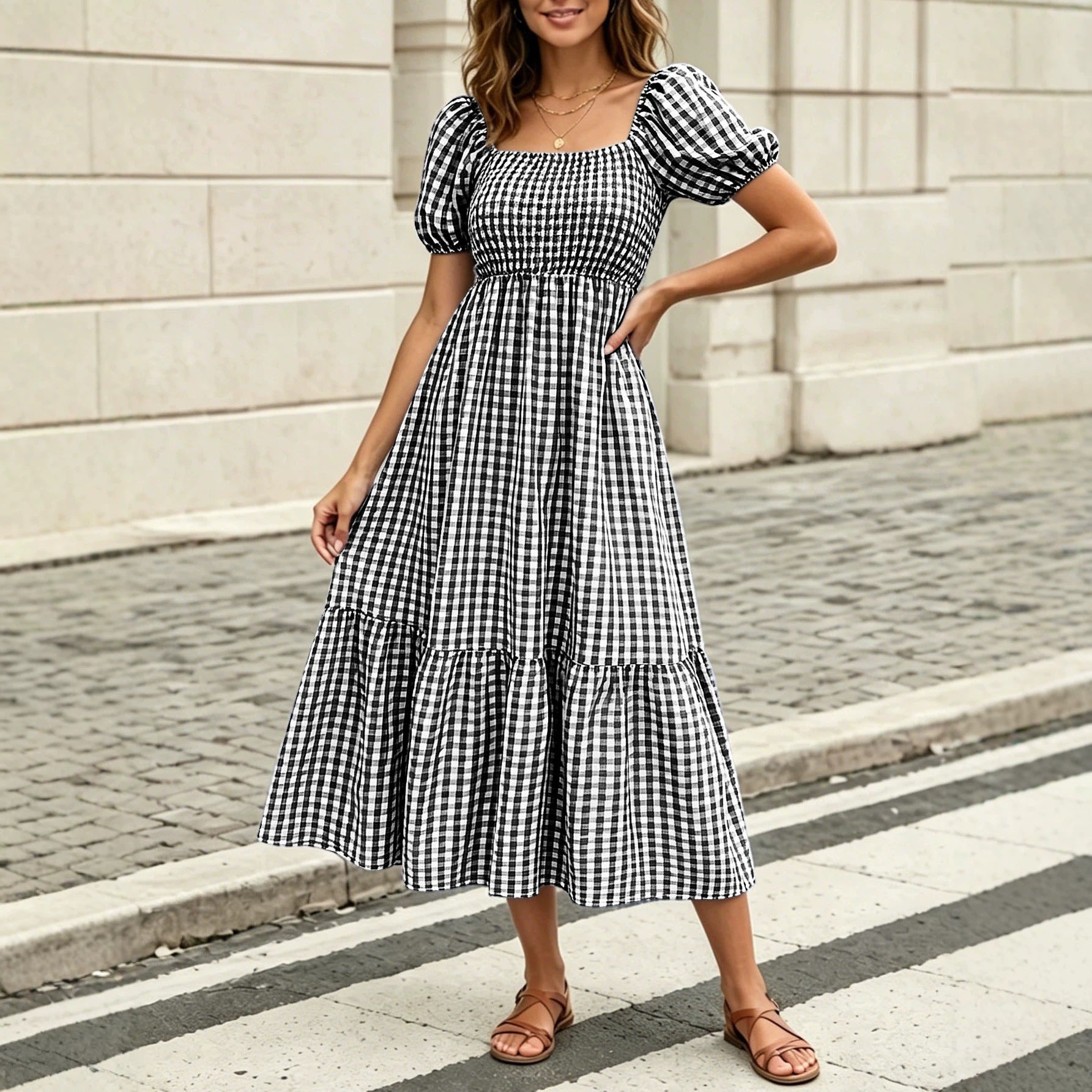 Women's Literary Retro Style Puff Sleeve Dress  Vichy Check Square Neck High Waist Tiered Dress NorixaFashion.com