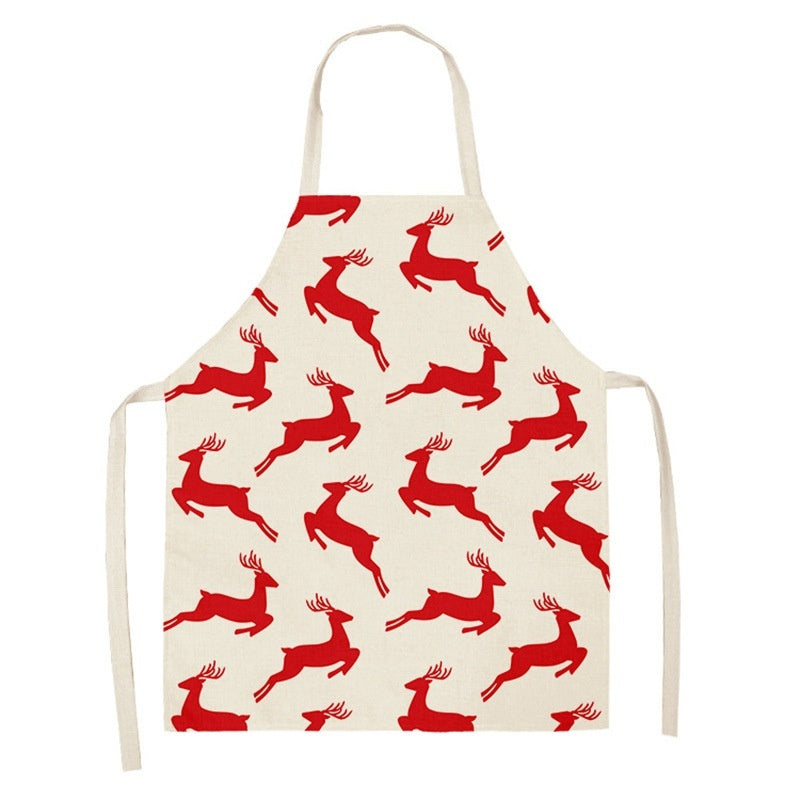 Christmas Deer Art Pattern Female Cleaning Home Cooking Kitchen Apron Chef Ear Cotton Linen PearlNestDecor.com