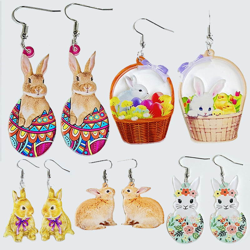Easter Rabbit Flower Basket Cute Printed Egg Chick Spring Floral Earrings