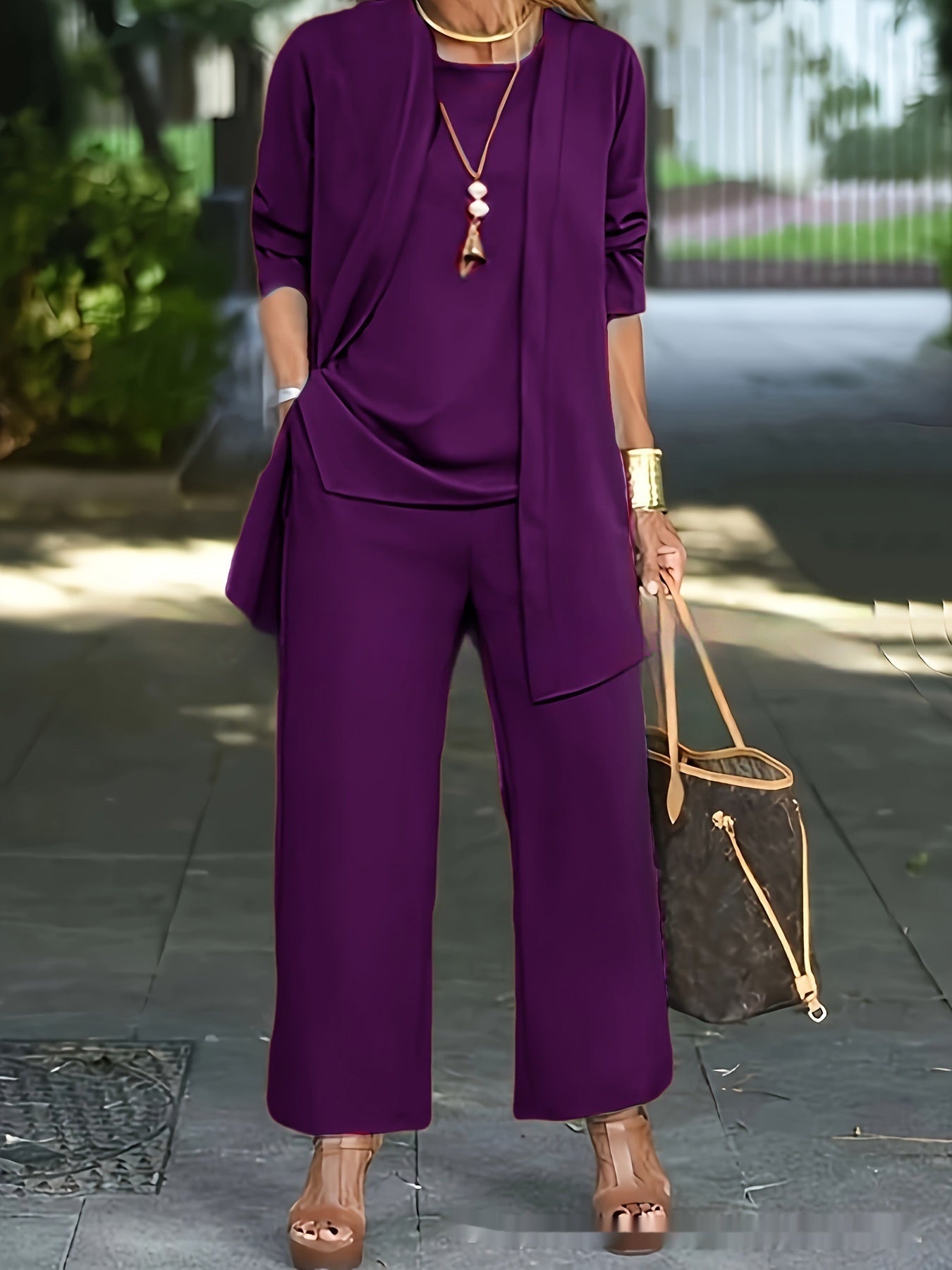 3-piece Cardigan Suit Pure Color Split Sleeveless Vest Top Long Sleeve Jacket And Wide Leg Pants Set NorixaFashion.com