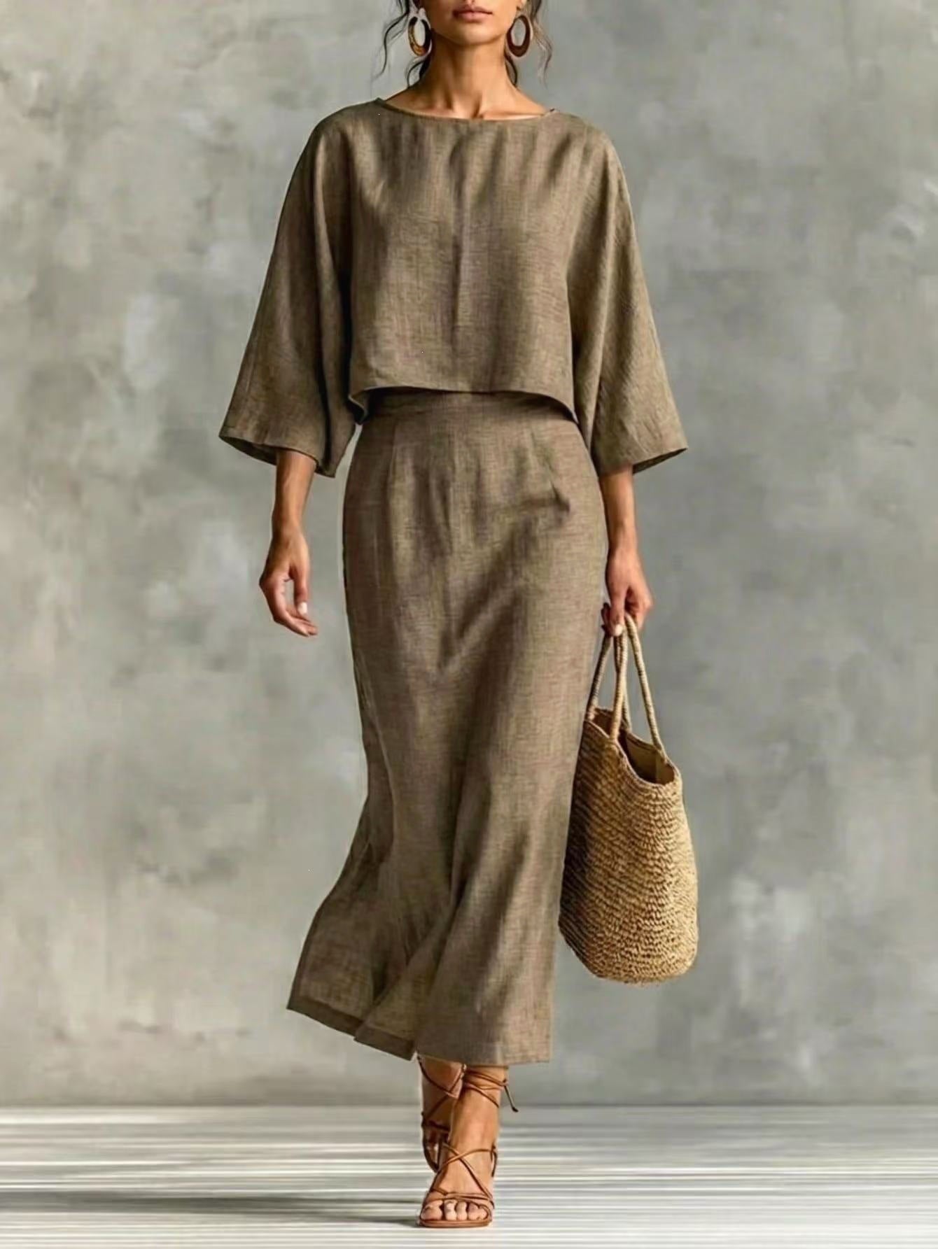 High Waisted Long Skirt Set With A Round Neck Three Quarter Sleeved Loose Fitting Womens Top NorixaFashion.com