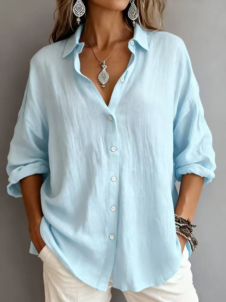Fashionable Solid-color Long-sleeve Lapel Cardigan Shirt NorixaFashion.com