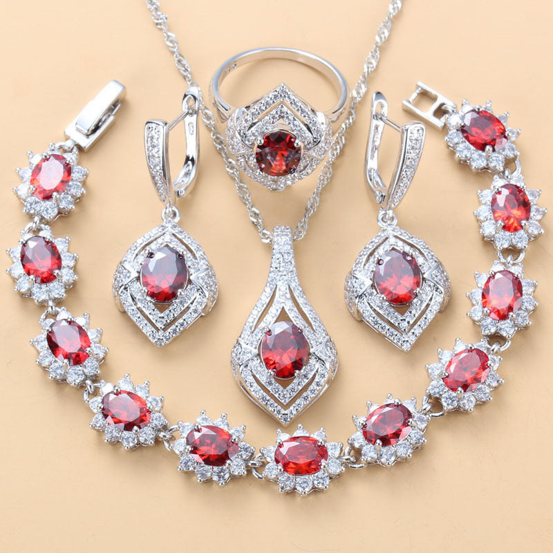 Inlaid Gemstone Pendant Earrings Necklace And Ring For Women 4 PCs Set LadyShow.Store