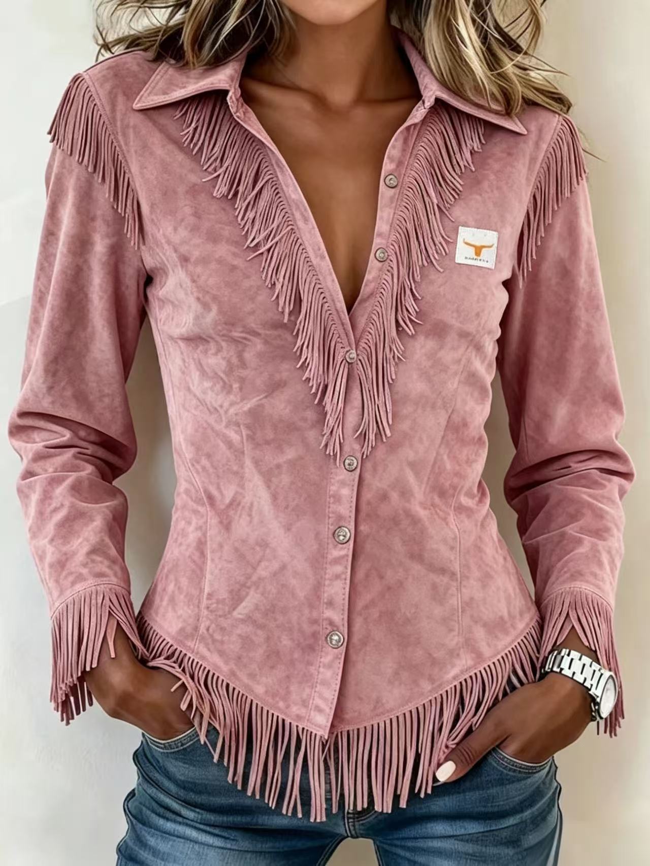 Western Cowboy-Style Suede Fringe Slim-Fit Long-Sleeve Shirt NorixaFashion.com