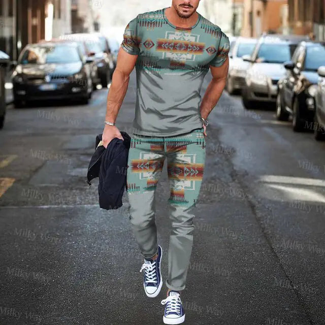 Men's Summer Tracksuit Stripe Print T-shirt Trousers Set