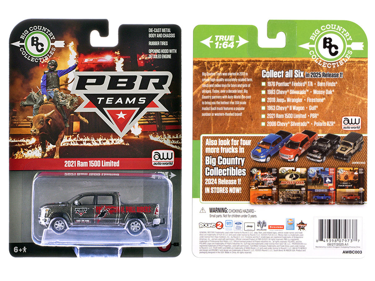 2021 Ram 1500 Limited Pickup Truck "PBR (Professional Bull Riders)" Gray Metallic with Graphics "Big Country Collectibles" 2025 Series 1/64 Diecast Model Car by Auto World LuxuryLifeWay Online Store