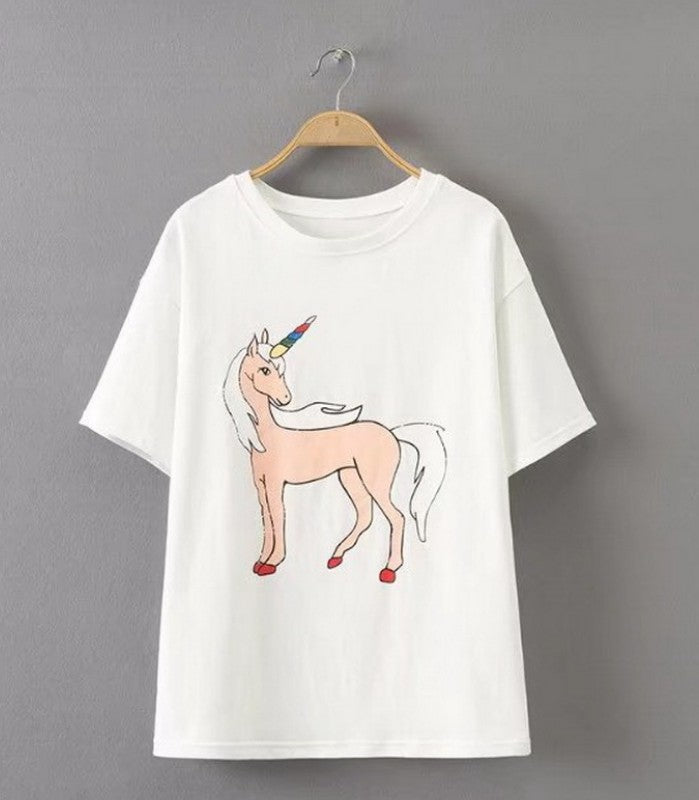 Korean Style Unicorn Print Short Sleeve T-Shirt Pi-Mart
