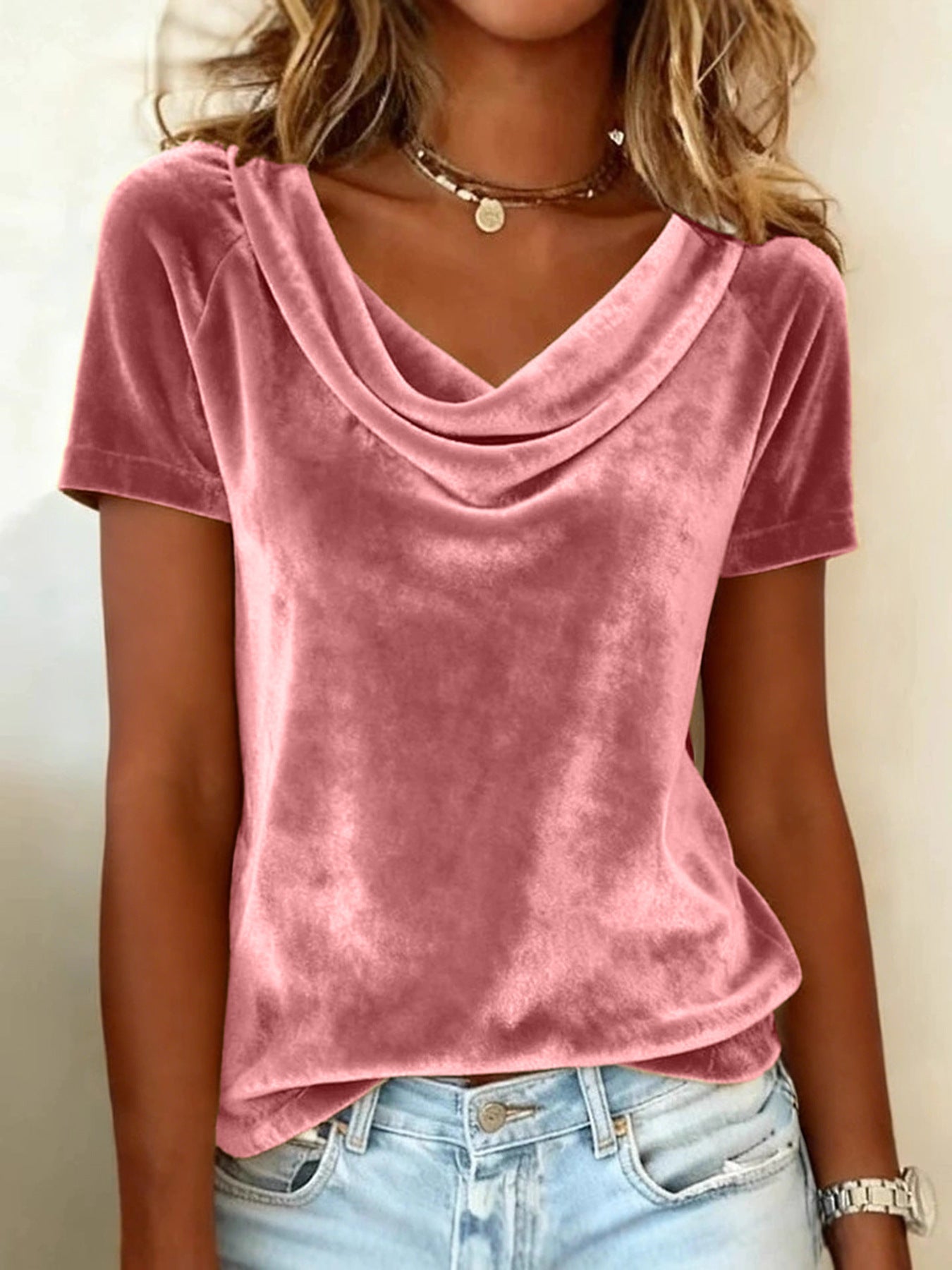 Womens New Solid-Colored Scoop-Neck Short-Sleeve Sexy Velvet T-Shirt LadyShow.Store