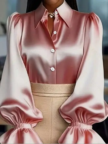 New Stylish Solid-colored Bubble Sleeve Long-sleeve Lapel Satin Shirt For Commuting LadyShow.Store