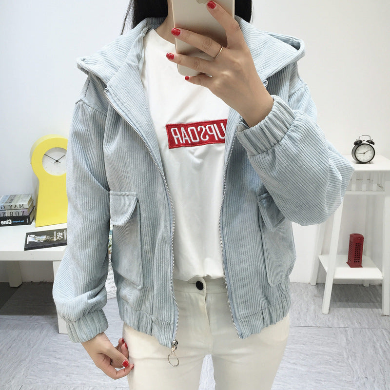 New Korean-style Hooded Corduroy Jacket, Short & Thick Pi-Mart