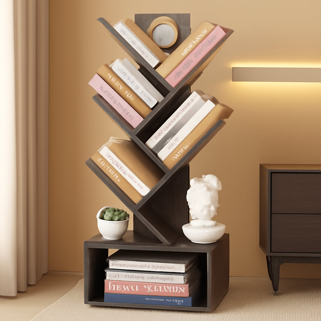 6 Tier Tree Bookshelf Bookcase With Drawer Grey Office LuxuryLifeWay Online Store