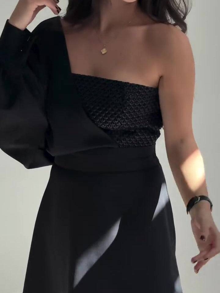 Black Two-Piece Set With Textured Strapless Top And Flared Mini Skirt NorixaFashion.com