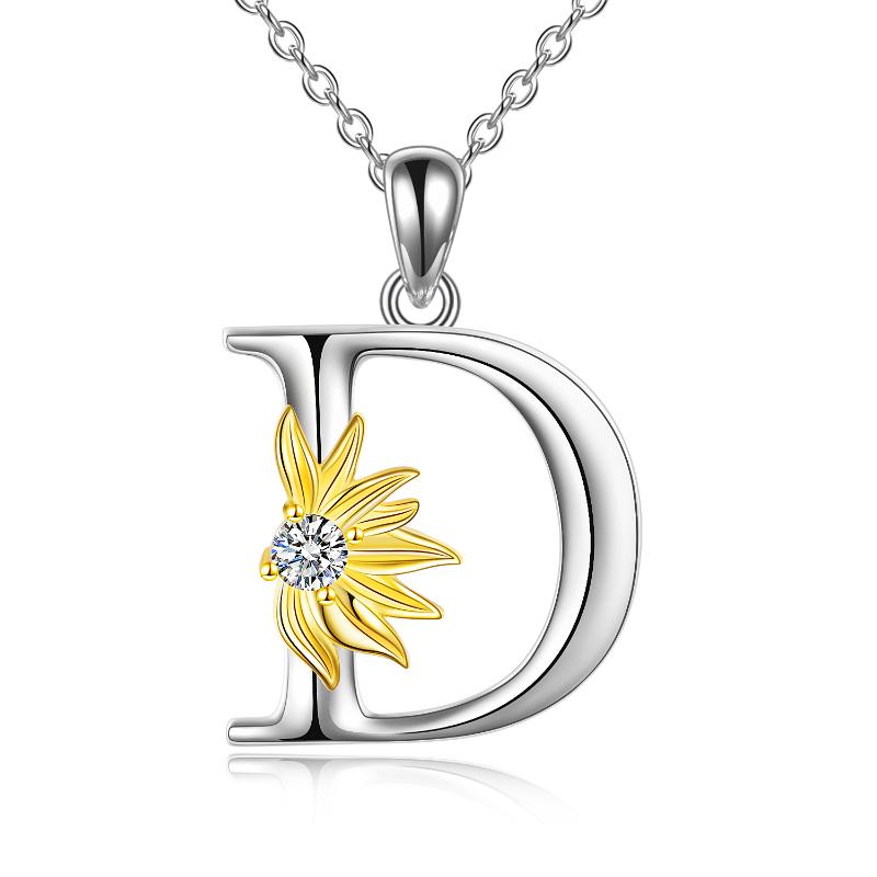 Sterling Silver Initial Alphabet Sunflower A Letter Script Name Pendant Necklace LadyShow.Store