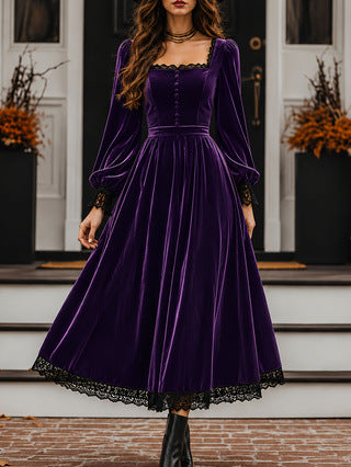 Square-neck Lace-panel Velvet Dress NorixaFashion.com