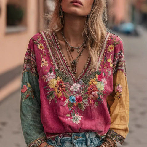 Women's Casual Vintage Bohemian V-neck Top With Ethnic-style Long Sleeves LadyShow.Store