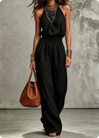 Womens Sleeveless Jumpsuit Backless Lace-up Halter Overall Pants Wide-leg Straight Onesie Trousers NorixaFashion.com