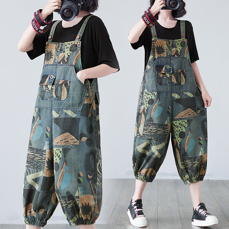 Summer Real Shot Printed Denim Slim Overalls Pi-Mart