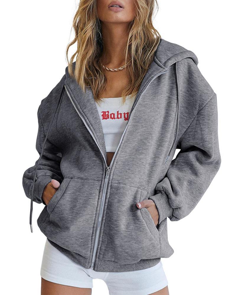 Women's Fashion Casual Solid Color Drawstring Zipper Hooded Sweatshirt LadyShow.Store