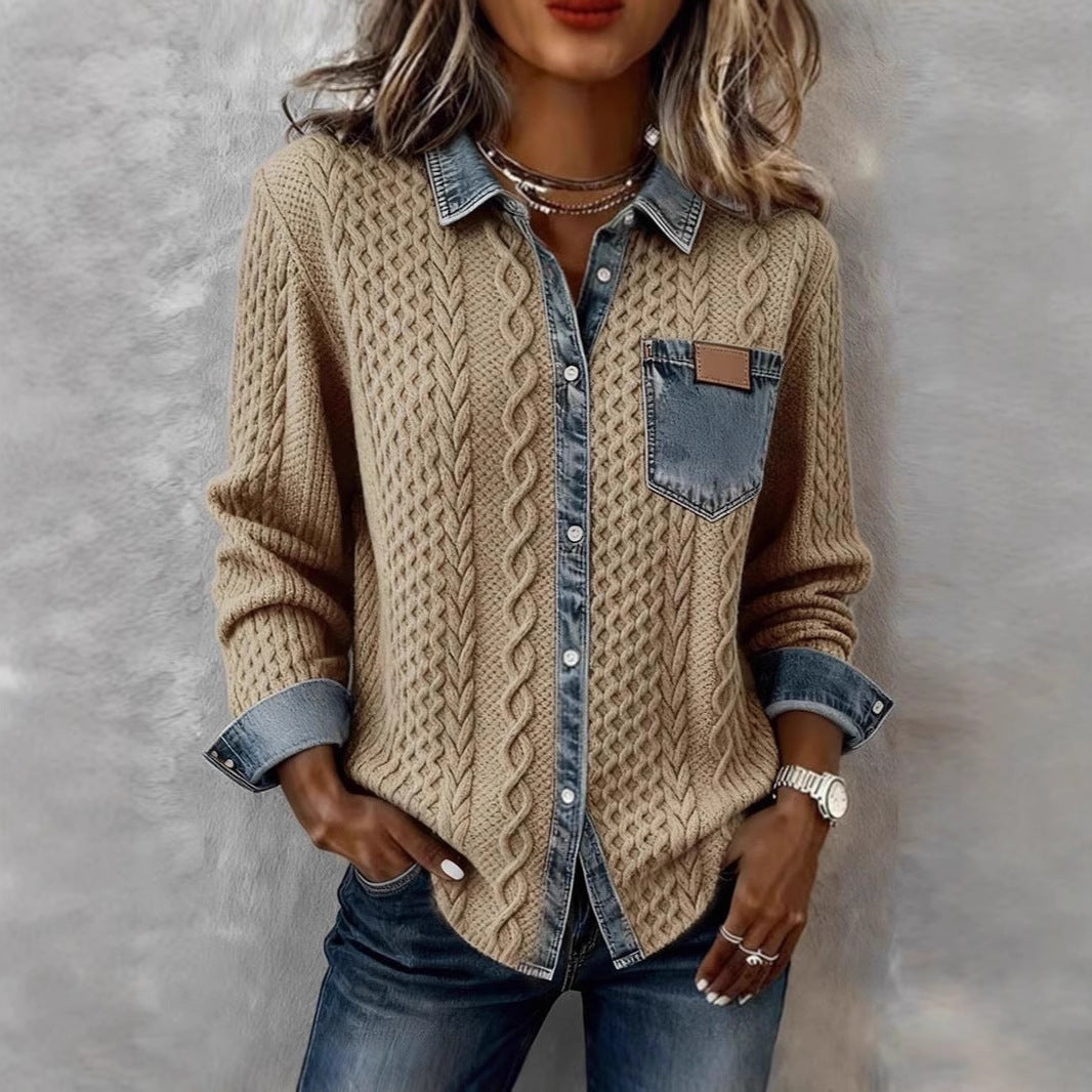 Stylish, Versatile Knitted Patchwork Denim Shirt For Women NorixaFashion.com
