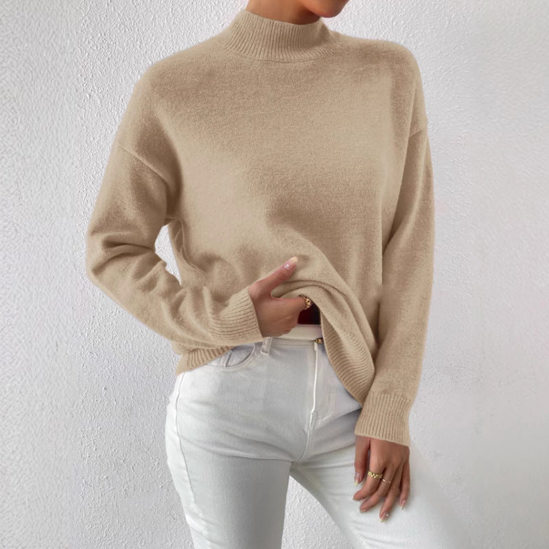 Autumn And Winter Half-high Collar Pullover Women's Fashion Solid Color Loose Knitted Top LadyShow.Store