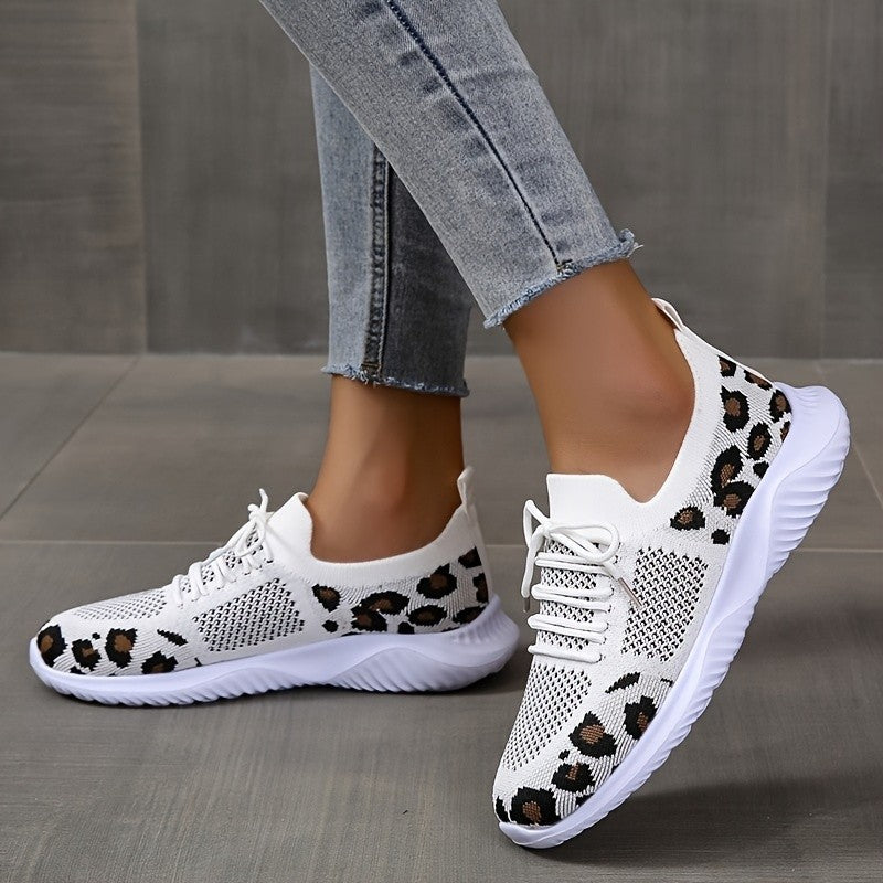 White Shoes Women Leopard Print Lace-up Sneakers Sports CJD